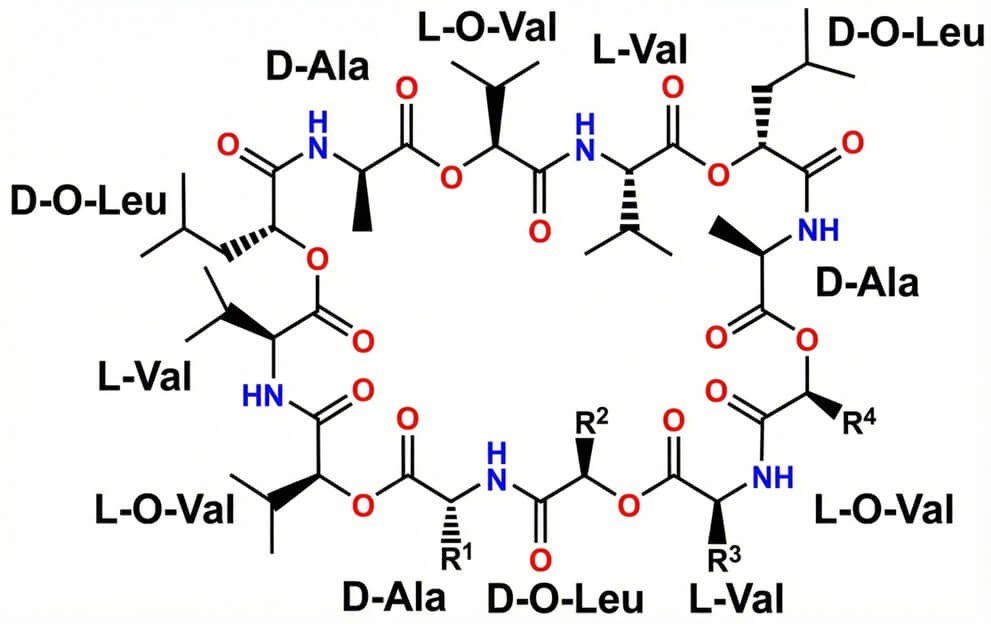 セレウス菌が産生する耐熱性毒素セレウリドの環状構造式。アミノ酸が環状につながった低分子ペプチドで、加熱調理や消化酵素では分解されにくいことを示している。