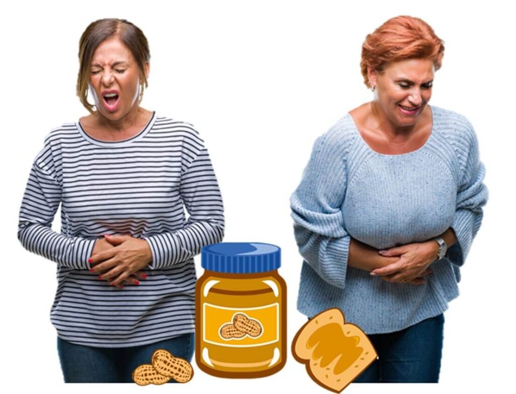 ピーナッツバターでは腹痛を起こしている中年の女性。