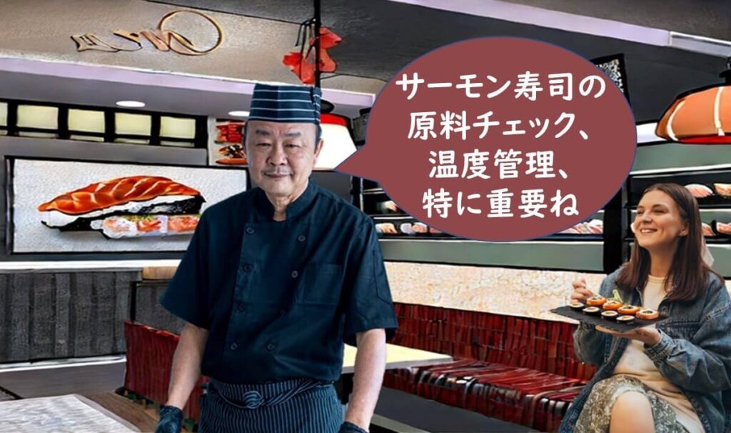 サーモン寿司の原料チェック温度管理は特に重要だと強調する寿司店の店長。