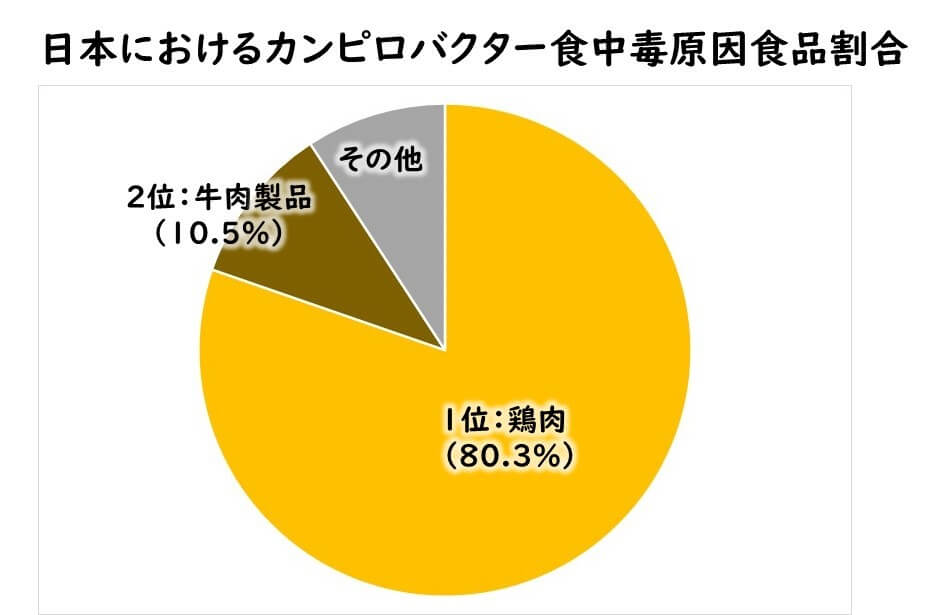 日本におけるキャンピロバクター食中毒原因食品割合の円グラフ。