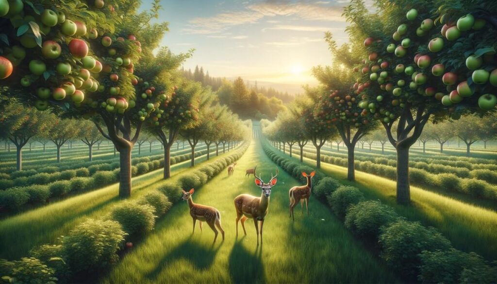 鹿が歩いているりんご農園