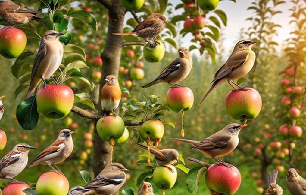 リンゴ果樹園止まっている鳥類たち。
