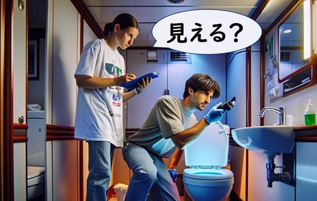 トイレの蛍光塗料を確認する医者