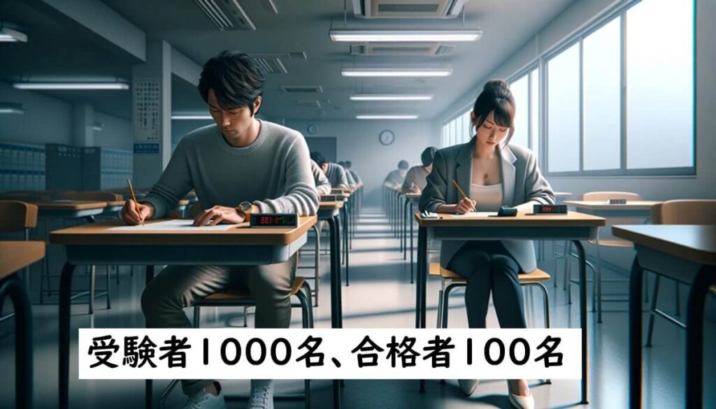 試験会場で解答する受験者たちの様子。受験者は1000名、合格者は100名と記載された試験データの概要を示す画像。