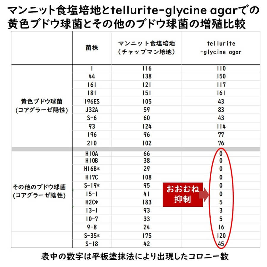 マンニット食塩培地と亜テルル酸-グリシン培地の比較の表。