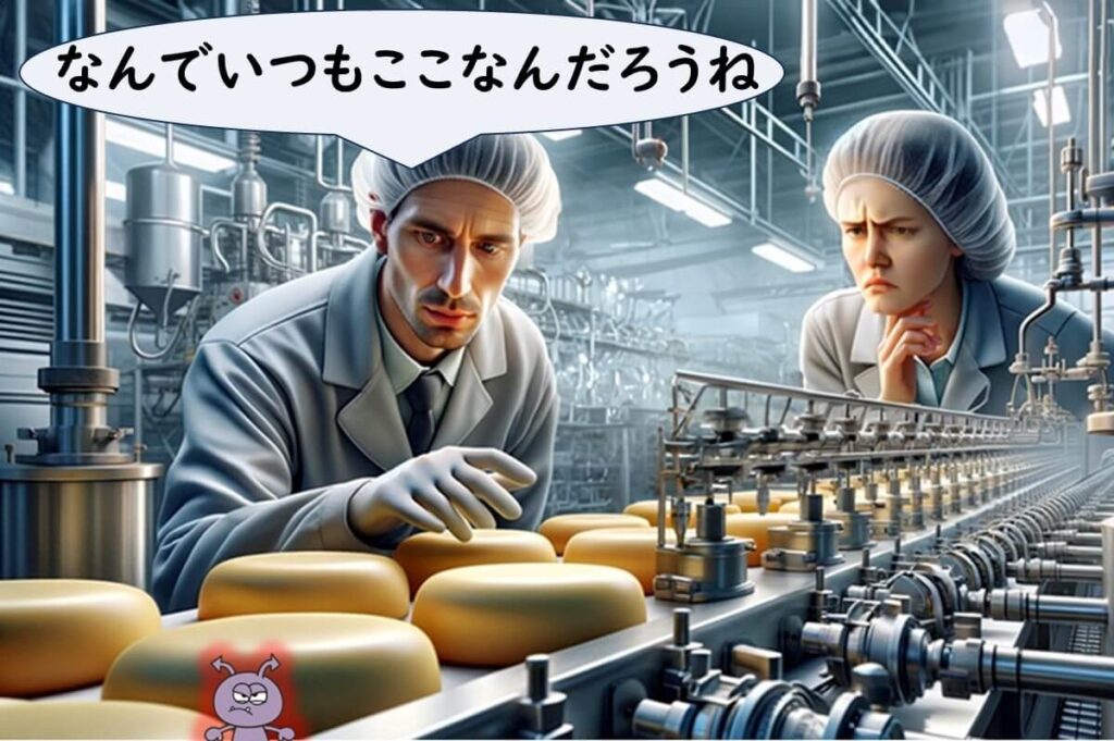 チーズ製造ラインで繰り返しリステリアが検出されるホットスポットに悩む品質管理担当者。EU調査では同じ箇所で継続的に汚染が見られる事例が複数報告された。