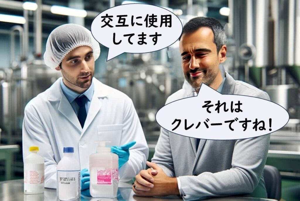 食品工場でのリステリア対策として、複数種類の消毒剤を交互に使用している様子を示す。担当者が説明し、視察者が効果的な方法だと評価している。