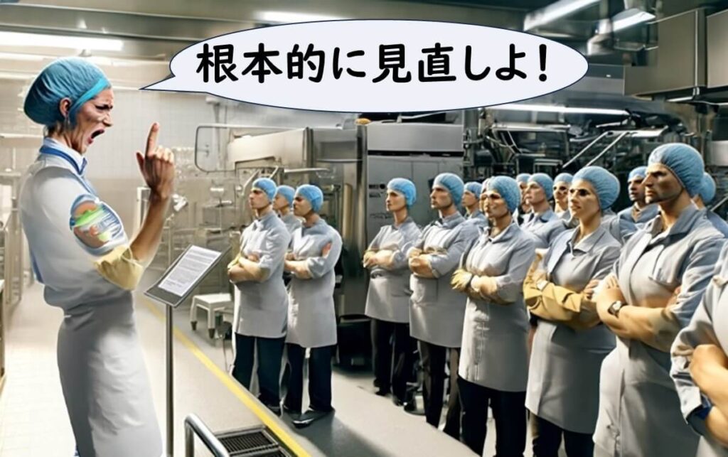 リステリア汚染が工場全体に広がった場合の対応を示す場面。管理責任者が従業員を前に、衛生管理体制を根本的に見直す必要があると強調している。