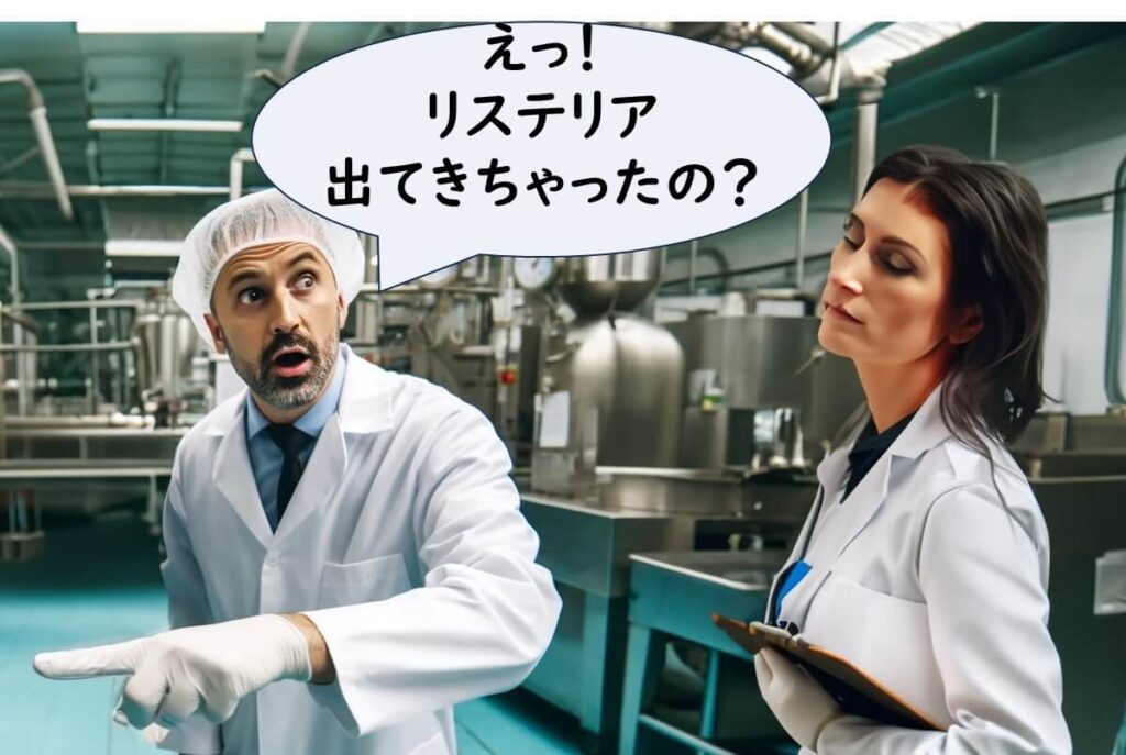 リステリア菌は存在しないと考えられていた工場でも、実際の環境モニタリングで検出され驚く品質管理担当者。EU調査では12工場すべてから Listeria monocytogenes が確認された。