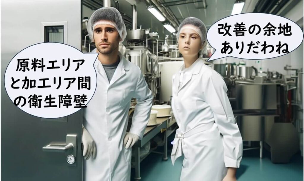 原料受け入れエリアと加工エリアの境界に衛生障壁を設けていない食品工場の様子。ゾーニングの不備がリステリア汚染の原因となり、改善の余地があることを示している。