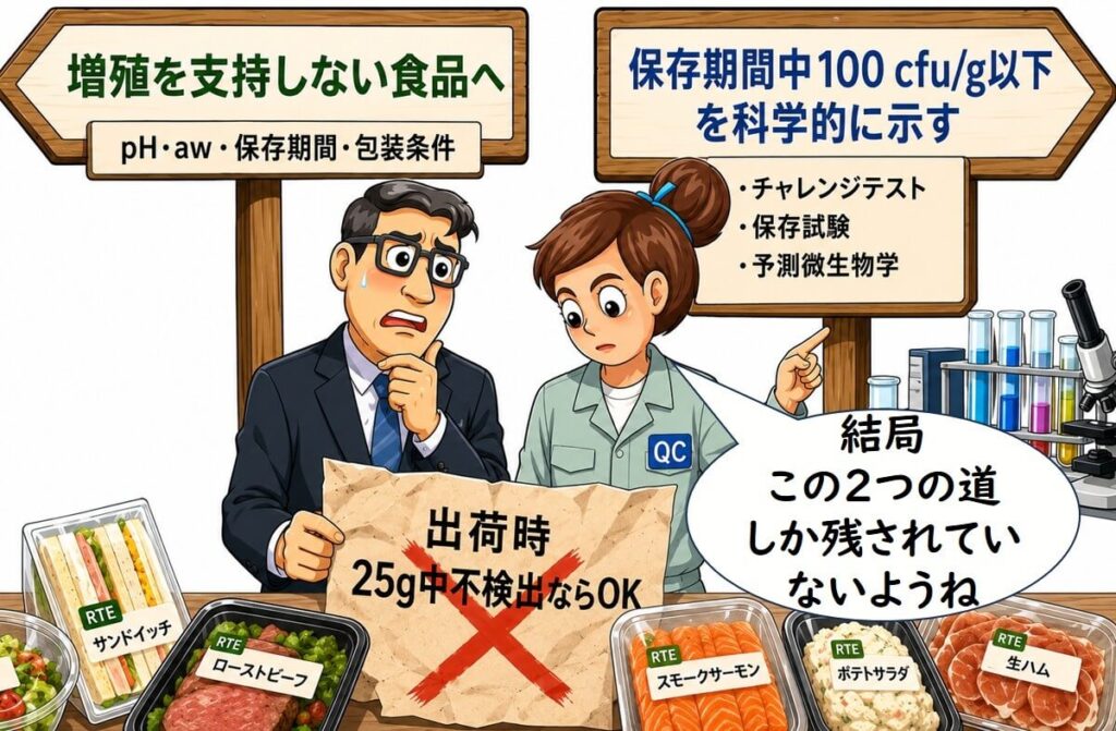 EUのリステリア規則改正により、RTE食品事業者に残された二つの対応策――『リステリア菌の増殖を支持しない食品として設計する』か、『保存期間中100 cfu/g以下を科学的に示す』か――を示し、出荷時25g中不検出だけでは不十分になったことを表したイラスト