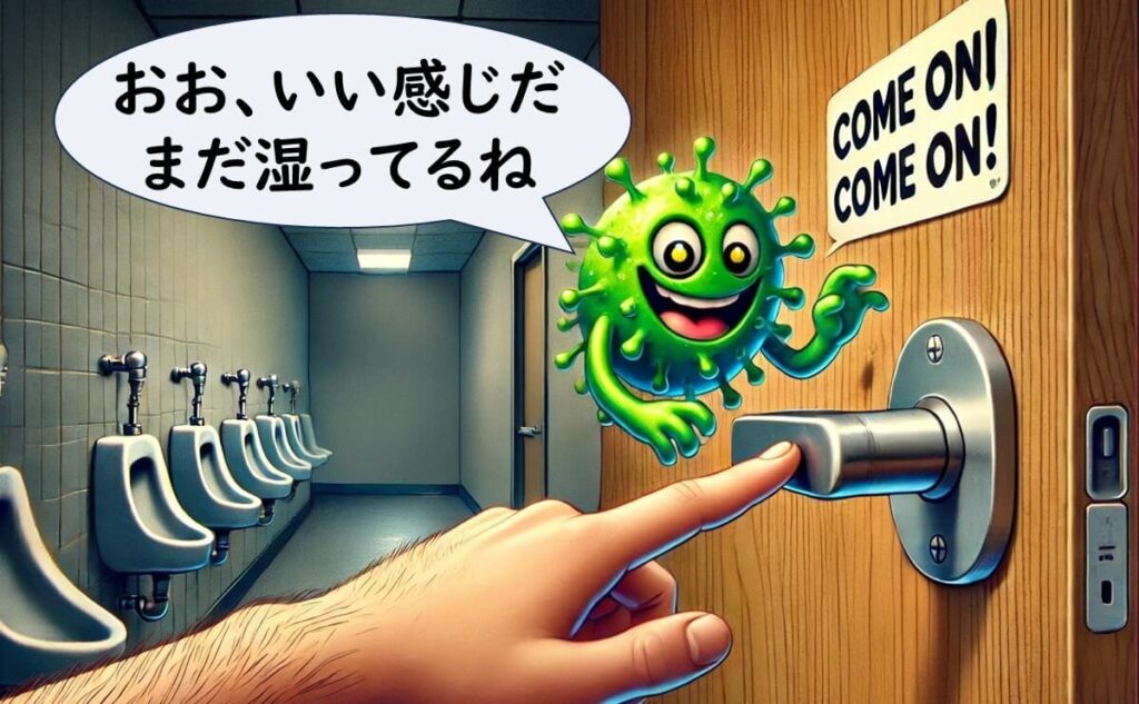 濡れた手でトイレの出口ドアノブに触れようとしている様子。ドアノブの上にはウイルスキャラクターがニヤリと笑いながら待ち構えており、感染リスクを示唆している。