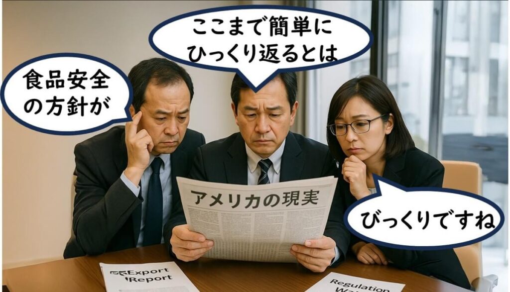 代替テキスト案(日本語):
アメリカの食品安全方針が政権交代で覆されたことに対し、日本の食品企業の品質管理担当者たちが新聞を読みながら困惑している様子。