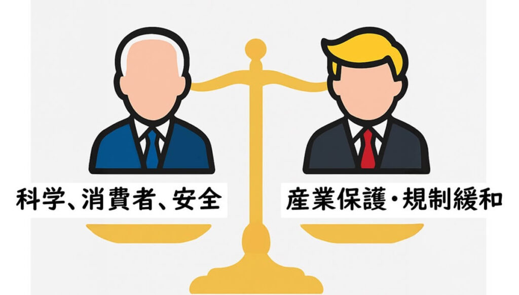 バイデン政権は科学と消費者保護を、トランプ政権は産業保護と規制緩和を重視していることを、天秤で対比的に描いたシンボルイラスト。
