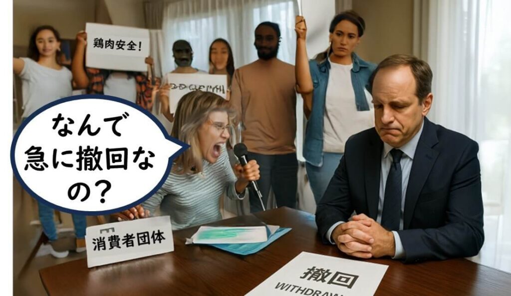 撤回を発表したFSIS職員に対して、消費者団体が強く疑問を投げかける場面を描いたイラスト。「なぜ急に撤回なのか」と問う姿勢が印象的。