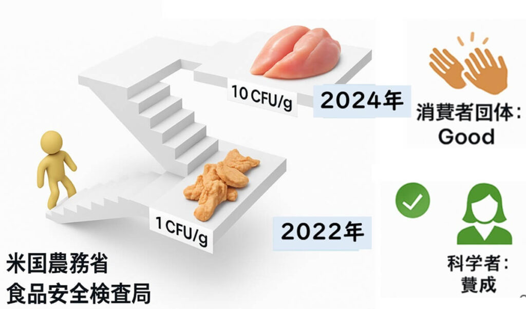 米国農務省が2022年にパン粉付き鶏肉に導入した規制が、2024年には全ての生鶏肉に拡大された流れを段階的に表した図解。