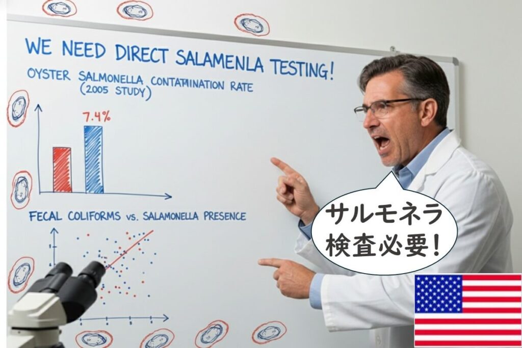 米国の研究で、生牡蠣中のサルモネラは大腸菌指標では把握できないとして、直接検査の必要性が示されたことを表す図
