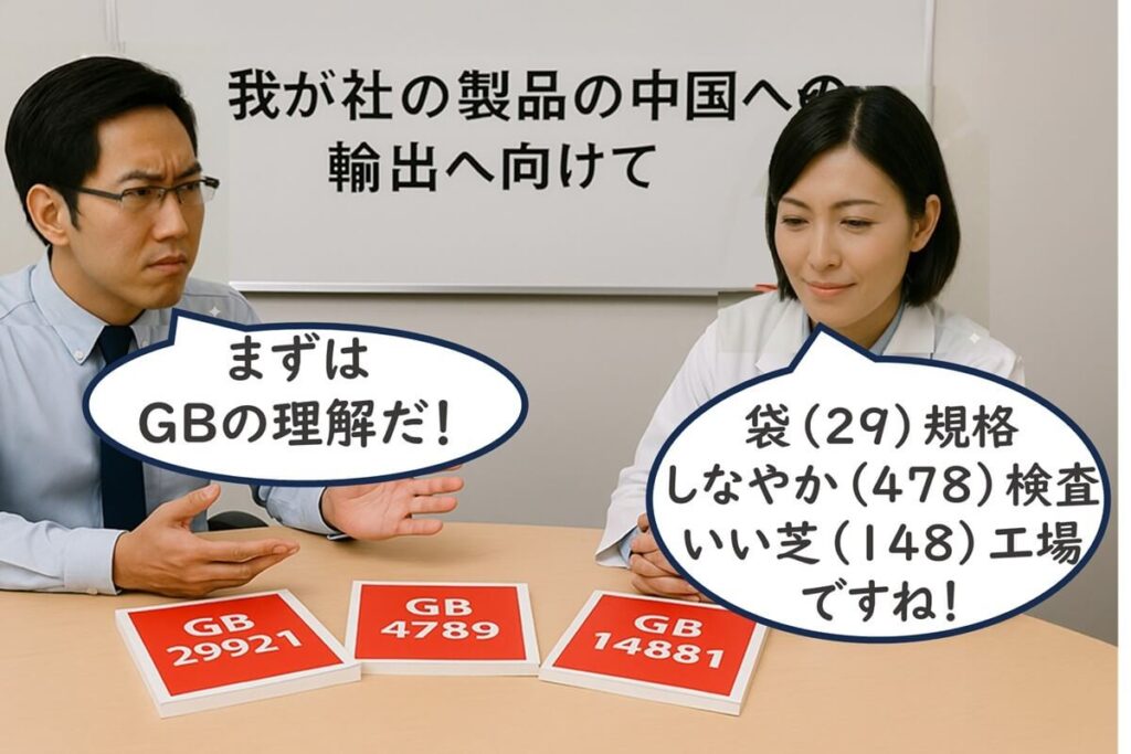 中国への製品輸出を想定して話し合う男女。男性が『まずはGBの理解だね！』と話し、女性が『袋（29）規格、しなやか（478）検査、いい芝（148）工場ですね！』と答えている。テーブルの上には GB 29921、GB 4789、GB 14881 のカードが並び、中国輸出に必要なGB規格（RTE食品の代表規格、検査法、工場衛生基準）をイメージしたイラスト。