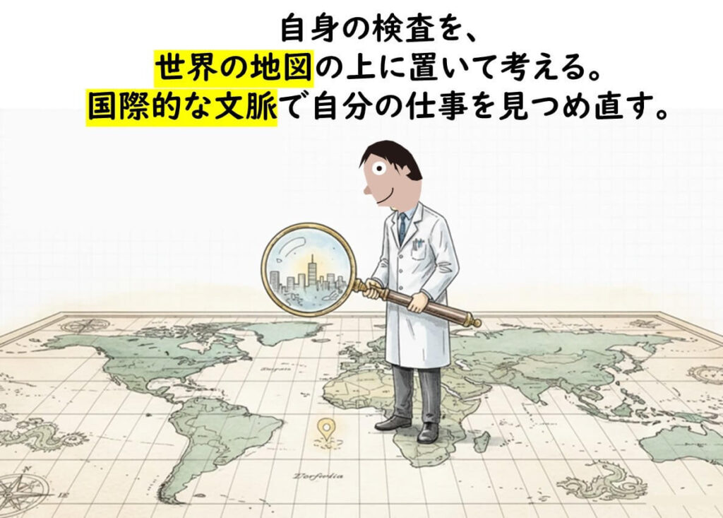自国で行っている微生物検査を世界の地図の上に置き、国際的な基準や文脈の中でその位置づけを考える重要性を示したイラスト