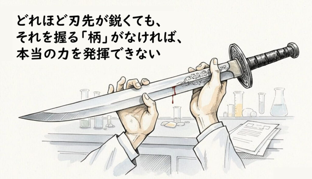 刃先がどれほど鋭くても、目的や考え方という「柄」がなければ検査は本質的な力にならないことを示した比喩的イラスト