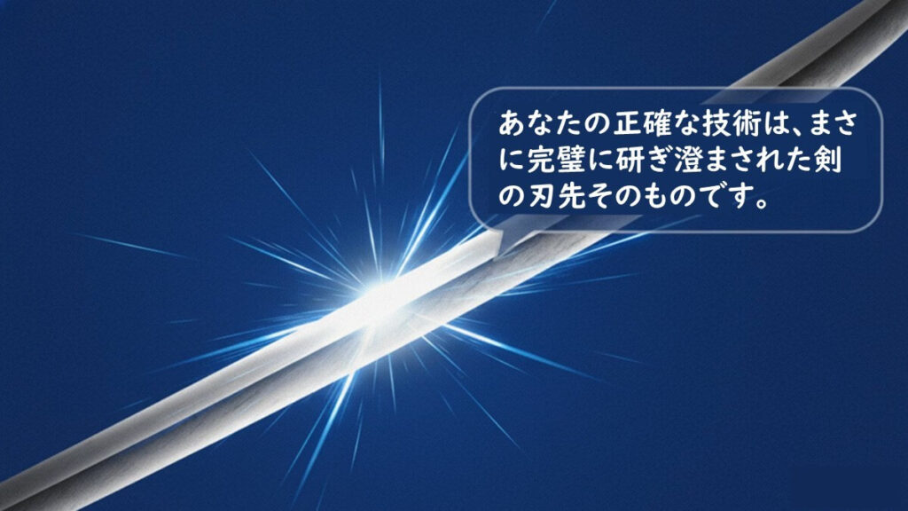 検査手順という「刃先」だけを磨き、目的や考え方という「柄」が欠けている状態を象徴的に示したイラスト
