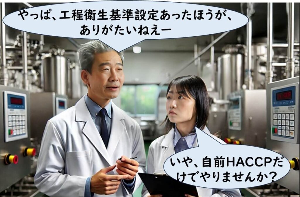 日本の食品工場で、ベテラン技術者が「工程衛生基準があったほうがありがたい」と語り、若手職員が「いや、HACCPだけでやりませんか?」と返答している議論シーン。制度導入の是非をめぐる世代間の意見の違いを描いている。