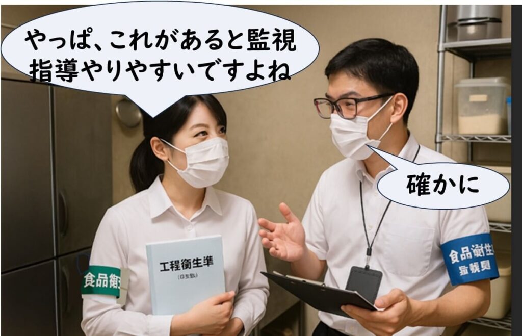 日本の食品衛生監視員2名が「工程衛生基準(日本版)」の冊子を手にしながら、監視や指導がやりやすくなると意見を交わしている現場の様子。制度の導入メリットを肯定的に語っている。