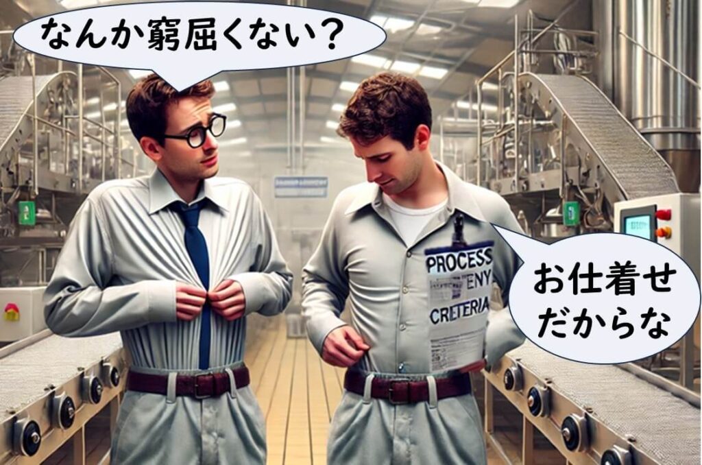 EUの食品工場内で、窮屈そうなユニフォームを着た技術者が「なんか窮屈くない?」と尋ね、もう一人が「お仕着せだからな」と答えている場面。工程衛生基準が現場に一律に適用されることへの違和感をユーモラスに表現している。