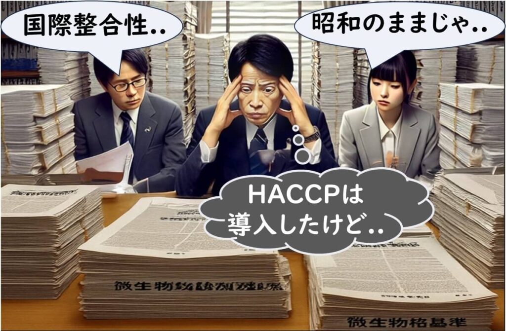 HACCPは導入したけど…』と悩むスーツ姿の男性が、大量の『微生物規格基準』文書の山に囲まれ、頭を抱えている。左の男性は『国際整合性…』とつぶやき、右の女性は『昭和のままじゃ…』と困惑している。時代遅れの微生物基準がHACCPの実効性を妨げている状況を風刺した場面。