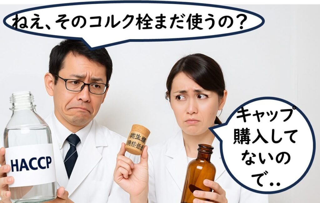 HACCPのラベルが貼られた瓶を持つ男性研究者が、微生物規格基準と書かれた古いコルク栓を持つ女性研究者に疑問の表情で『ねえ、そのコルク栓まだ使うの?』と問いかける。女性は困った表情で『キャップ購入してないので…』と答えている。HACCP導入後も古い基準を使い続ける日本の現状を風刺した構図。