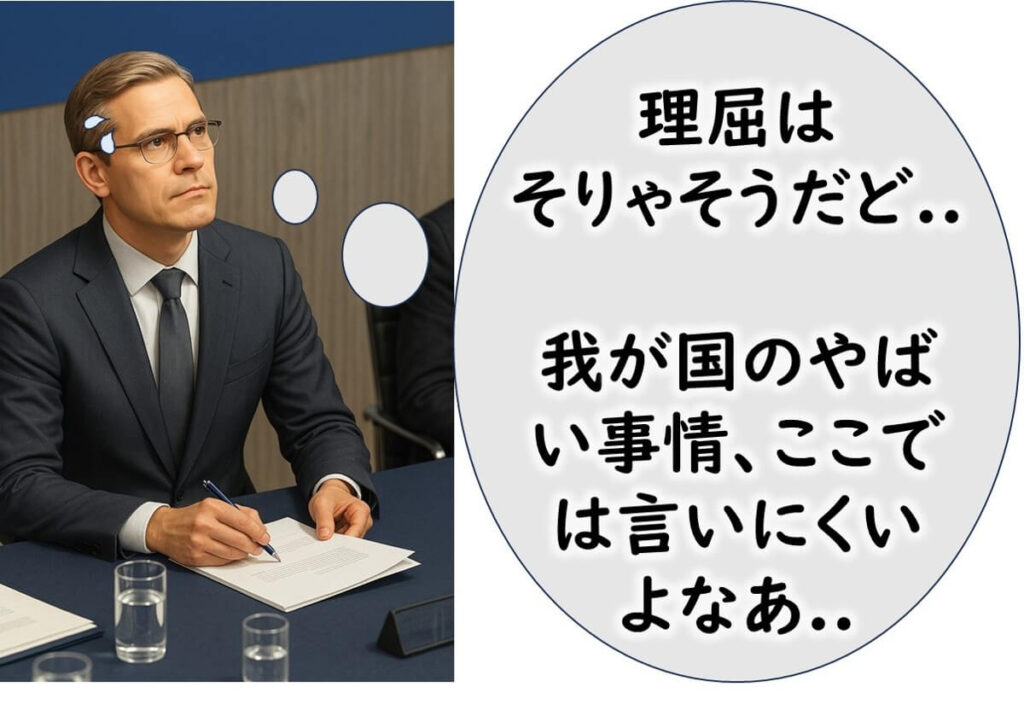 EU会合で科学的議論が進むなか、自国の現場事情を口に出せず複雑な表情を見せる担当官。制度と現場の間にある本音と建前のギャップを象徴するイラスト。
