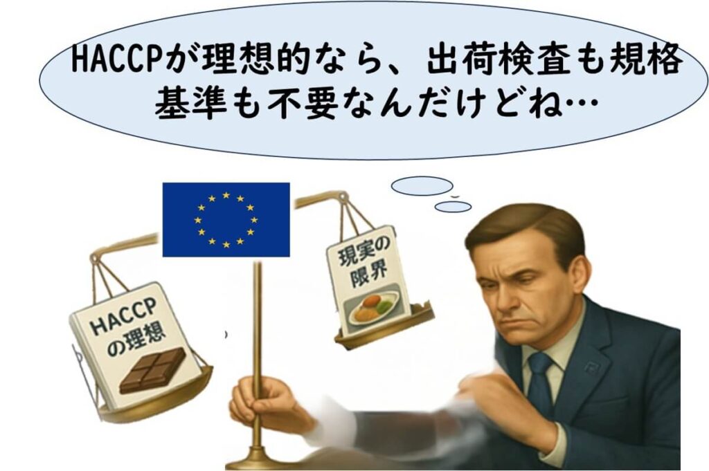 HACCPの理想と現実の限界の間で悩むEUの制度設計者を描いたイラスト。天秤に「HACCPの理想」と「現実の限界」が置かれている。