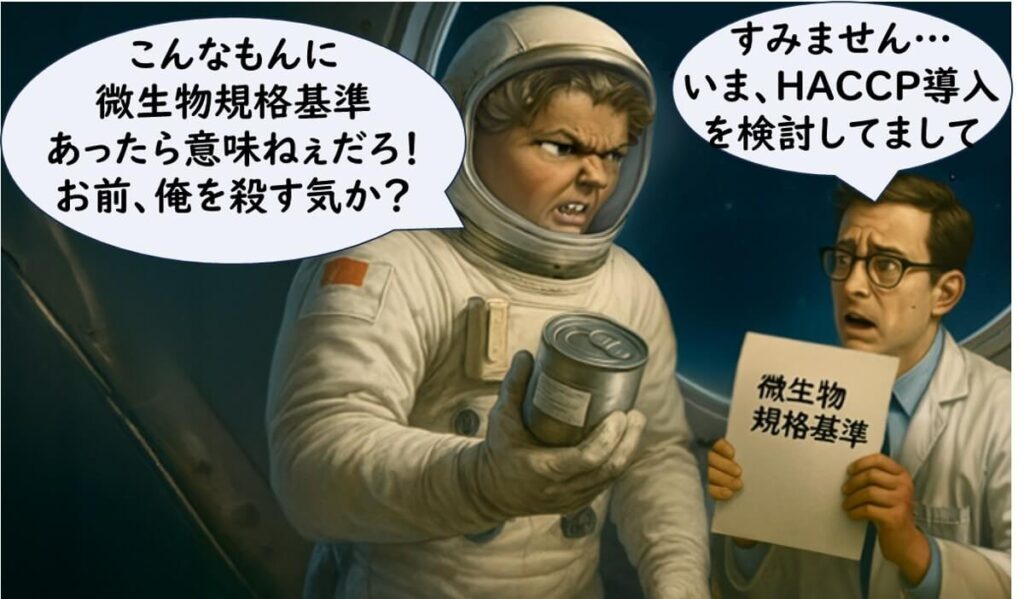 宇宙飛行士が缶詰を手に激怒し、「微生物規格基準なんて意味がない」と訴える場面。対する研究員は戸惑いながら「HACCP導入を検討している」と弁解しつつ、微生物規格基準と書かれた紙を持っている。HACCPの起源と、検査に頼れない宇宙空間での食品安全の思想をユーモラスに描いたイラスト。
