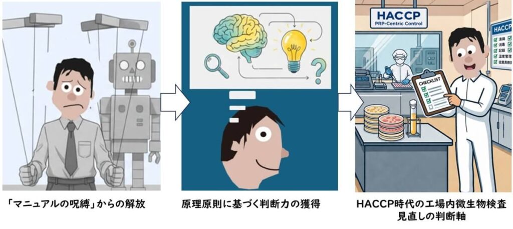 マニュアルに従うだけの検査から、科学的な理解を経て、HACCP時代にふさわしい工程管理の検証へ発展する流れを示すイラスト。
