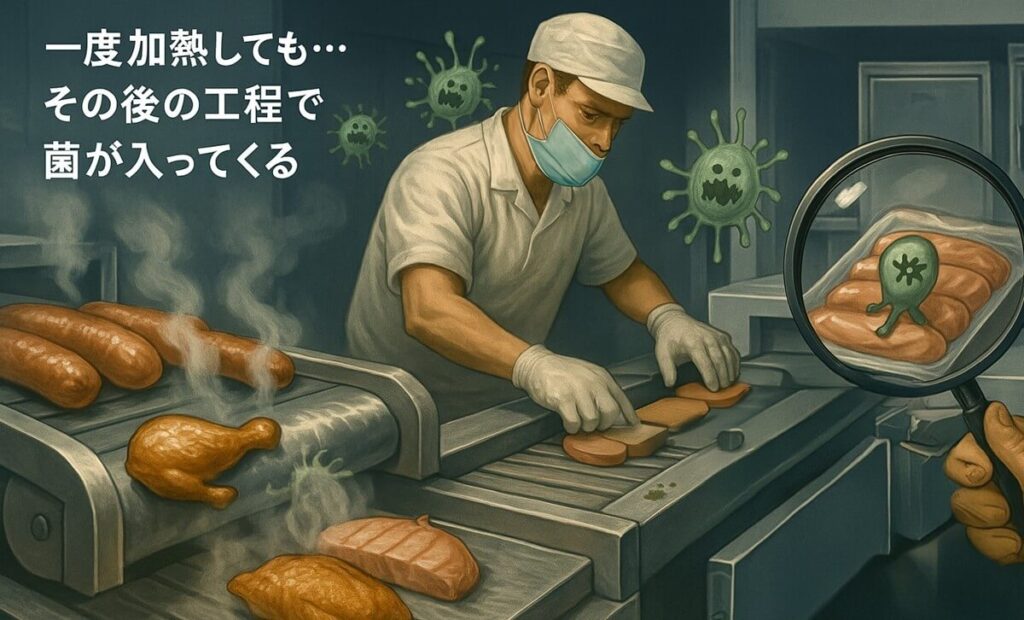 加熱された食品が搬送される工場のラインで、作業員がスライス処理を行う中、空気中や手元に浮遊する菌が製品に再付着していく様子を描いたイラスト。右側には、包装された食品を拡大鏡で確認すると菌が付着している様子が描かれ、「加熱後の再汚染」のリスクを視覚的に表現している。