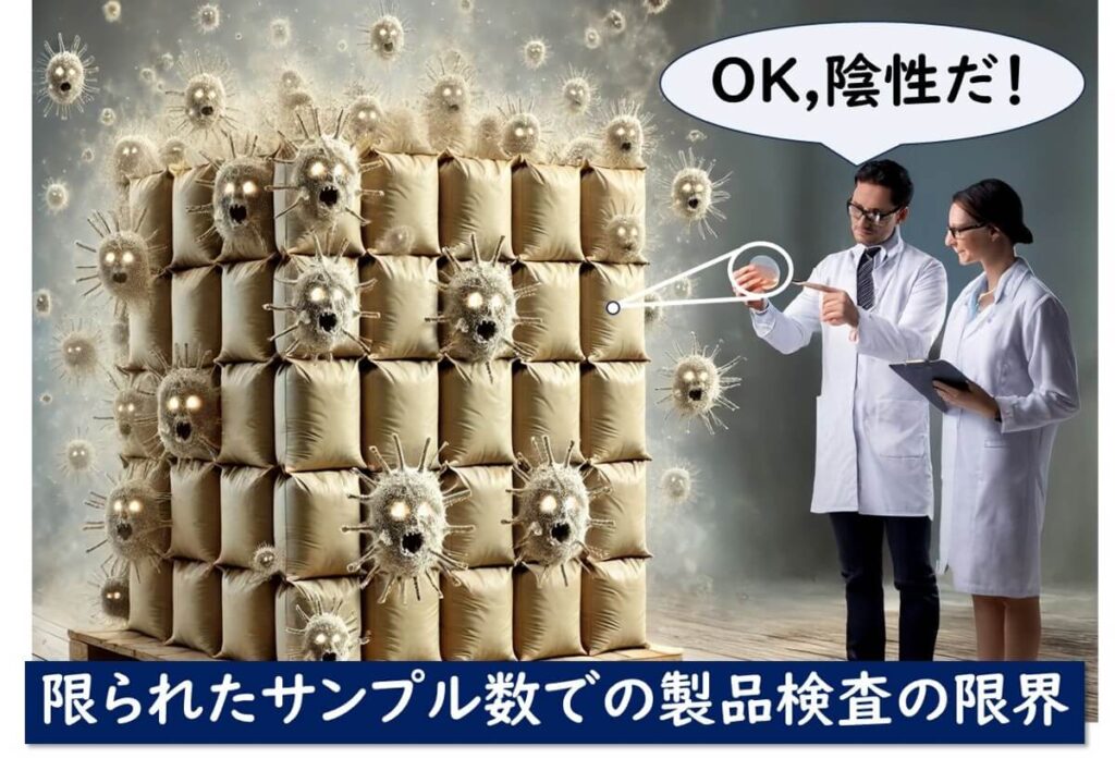 大量の製品が積まれた中で、限られたサンプルだけを検査し「陰性」と判断する検査員と、その背後に見え隠れする無数の微生物を描いたイラスト。製品検査の限界と見逃されるリスクを視覚的に表現している。