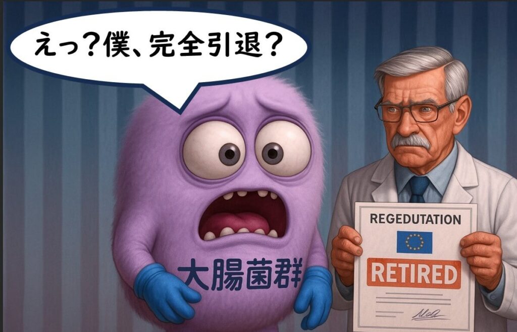 EU職員から「引退通告」を受けて驚く大腸菌群キャラクター──EUの制度から大腸菌群が完全に除外されたことを象徴的に表現したイラスト