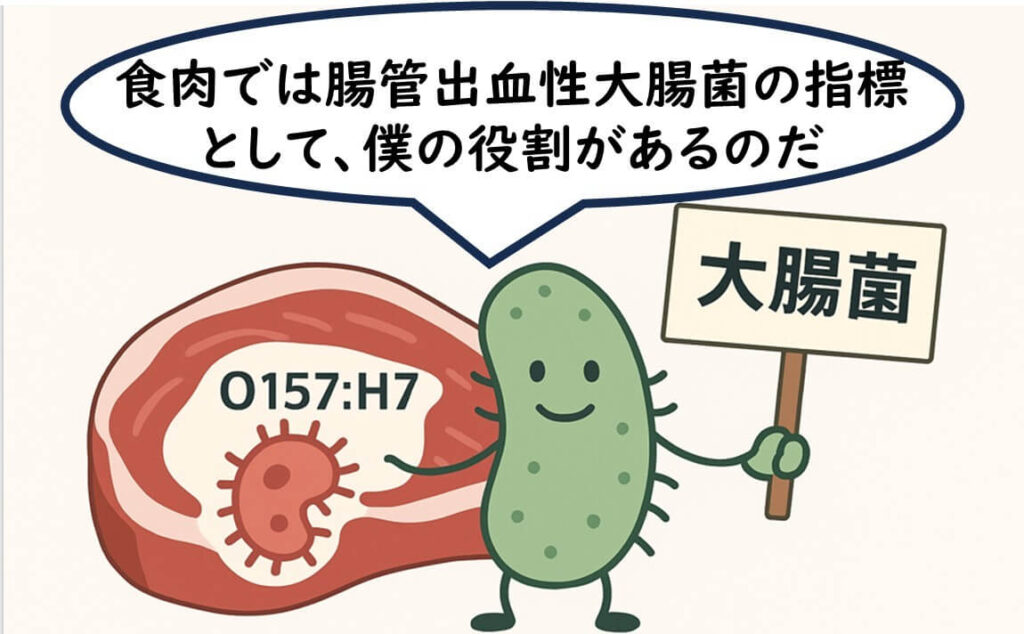 食肉において腸管出血性大腸菌O157:H7の代理指標として使われる大腸菌のイラスト