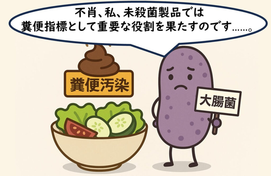未殺菌のサラダ製品で糞便指標としてゼロトレランスが求められる大腸菌のイラスト