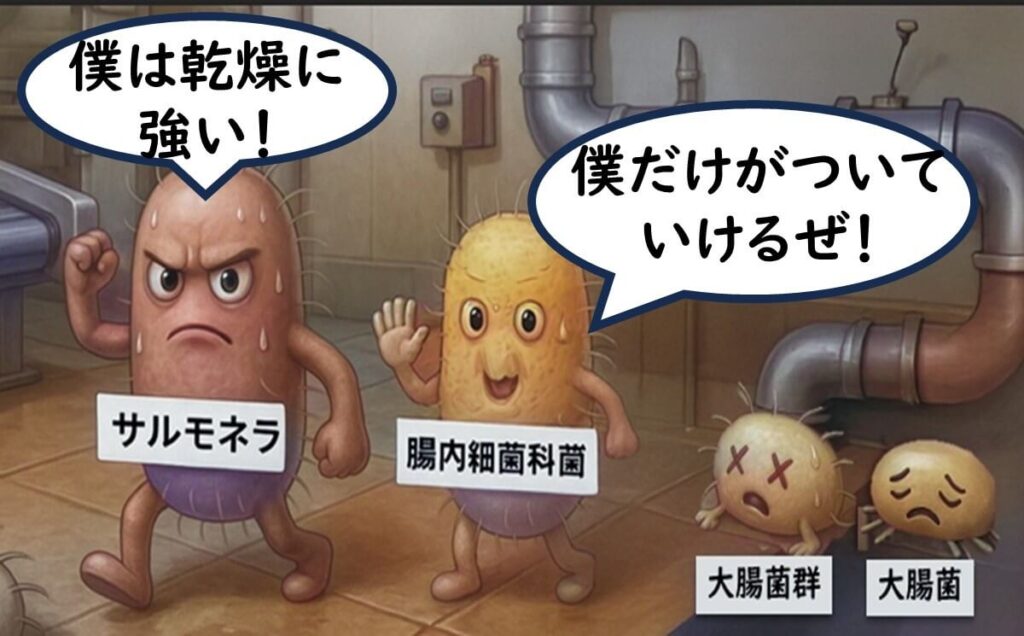 EU微生物規格における腸内細菌科菌群と大腸菌・大腸菌群の扱いの違いを示すイラスト。乾燥に強いサルモネラと腸内細菌科菌群は工場内を進む一方、大腸菌群と大腸菌は脱落している様子が描かれている。