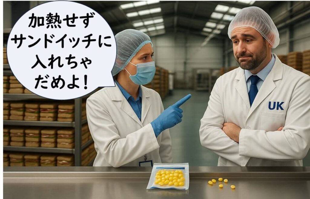 非RTEの冷凍野菜を加熱せずにサンドイッチへ使用したことを検査官が工場長に注意している場面。冷凍スイートコーンの非加熱使用によるリステリア汚染リスクを示すイラスト。