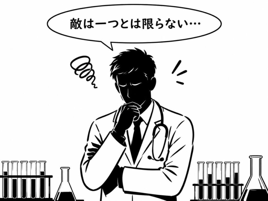 敵は一つとは限らない」と考え込む医師と検査器具のシルエットイラスト