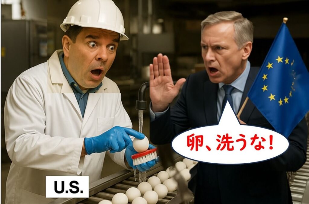 卵を洗おうとするアメリカの作業員に対し、EUの関係者が『卵、洗うな!』と制止している場面のコラージュ画像。EUの旗を掲げた男性が強い口調で洗浄に反対している様子が描かれている