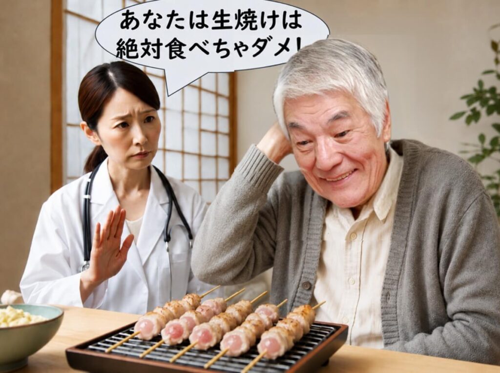 医師から生焼けの鶏肉を食べないよう注意される高齢男性と、中心部が生の焼き鳥