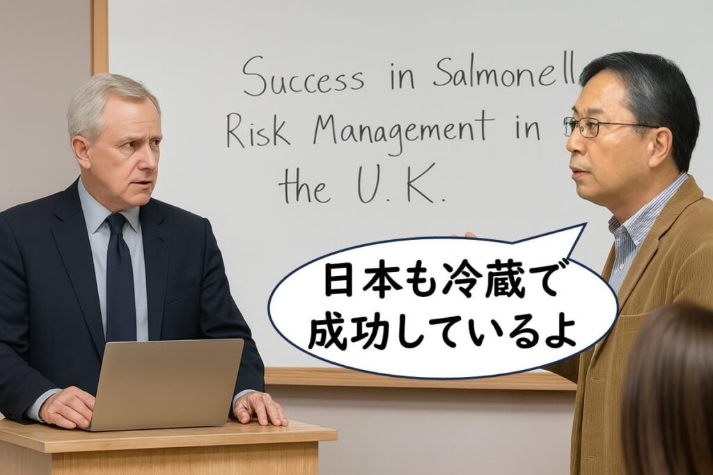 英国のサルモネラ対策について発表する研究者と、日本の冷蔵制度の成功を主張する日本人研究者がゼミ室で議論している様子のイラスト。