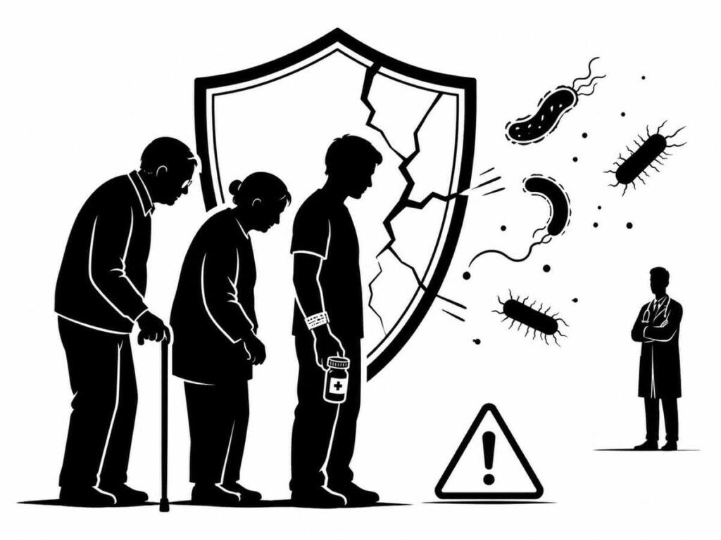 免疫機能が低下した人や高齢者を、壊れた盾と迫る細菌で表したシルエットイラスト