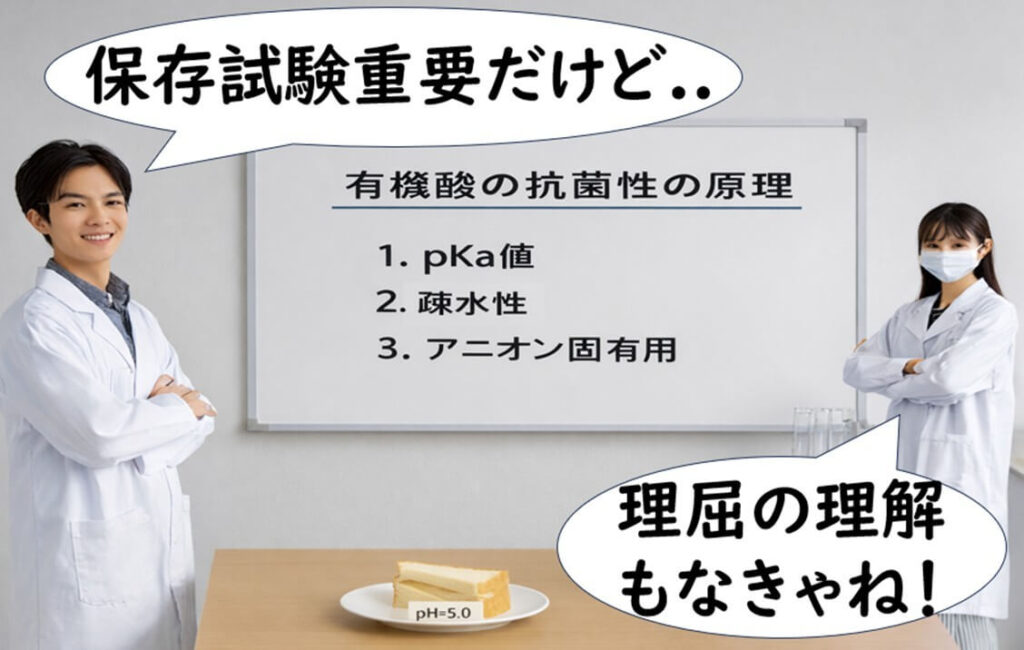 研究者がホワイトボードで有機酸の抗菌性の三本柱（pKa値・疎水性・アニオン固有作用）を説明し、保存試験の重要性を強調している場面。