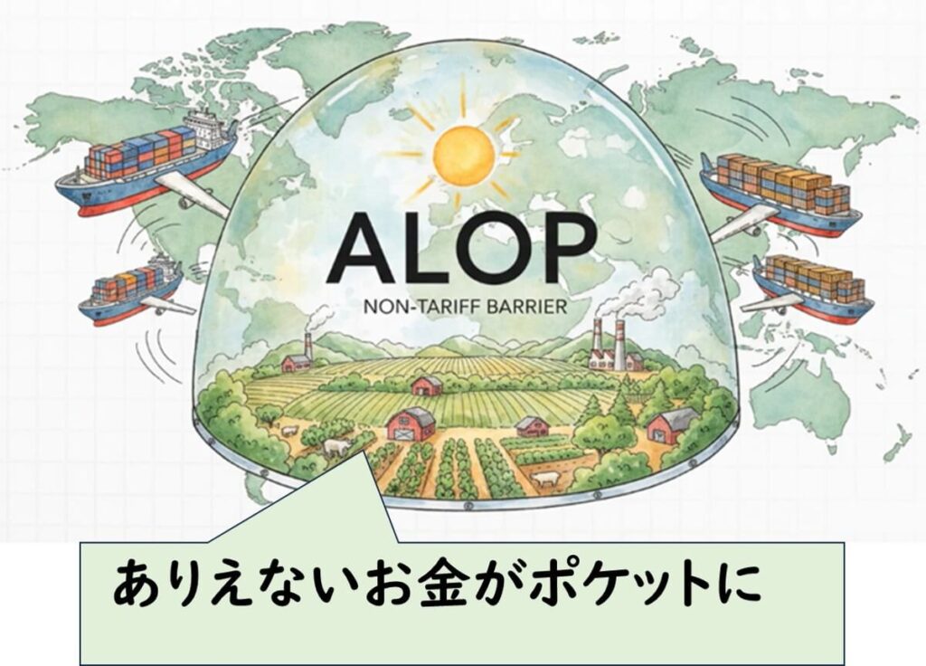 各国が設定するALOP（適切な保護水準）が、科学的根拠を装いながら実質的には非関税障壁として機能し、貿易を制限してしまう可能性があることを象徴的に示した図