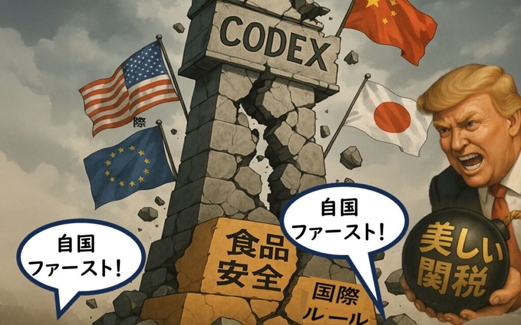 CODEXの柱が崩れかける中、ある政治家をモチーフにした人物が「美しい関税」と書かれた爆弾を持って迫る様子を描いた風刺イラスト。国際ルールの揺らぎを象徴している。
