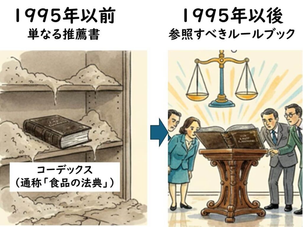 1995年以前は各国にとって単なる推奨文書に過ぎなかったコーデックスが、WTO発足とSPS協定の成立以降、各国が参照すべき国際的なルールブックとして位置づけが変化したことを示す図